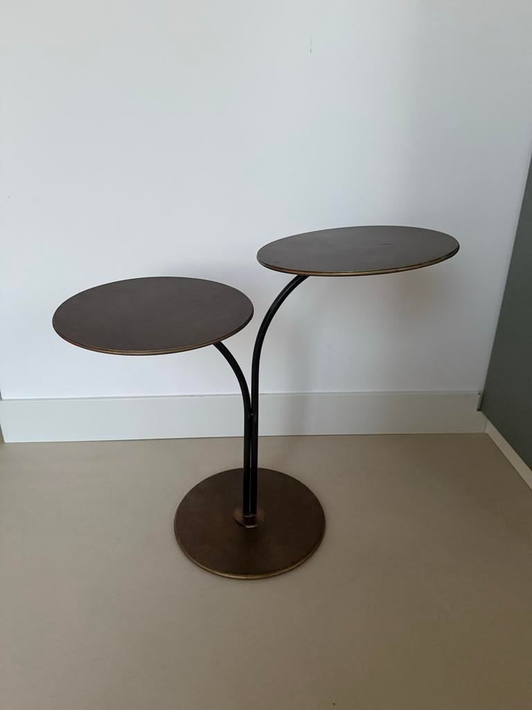 Uniek brons - kleurig metalen plantenrek met twee niveaus, Huis en Inrichting, Tafels | Bijzettafels, Ophalen, Minder dan 55 cm
