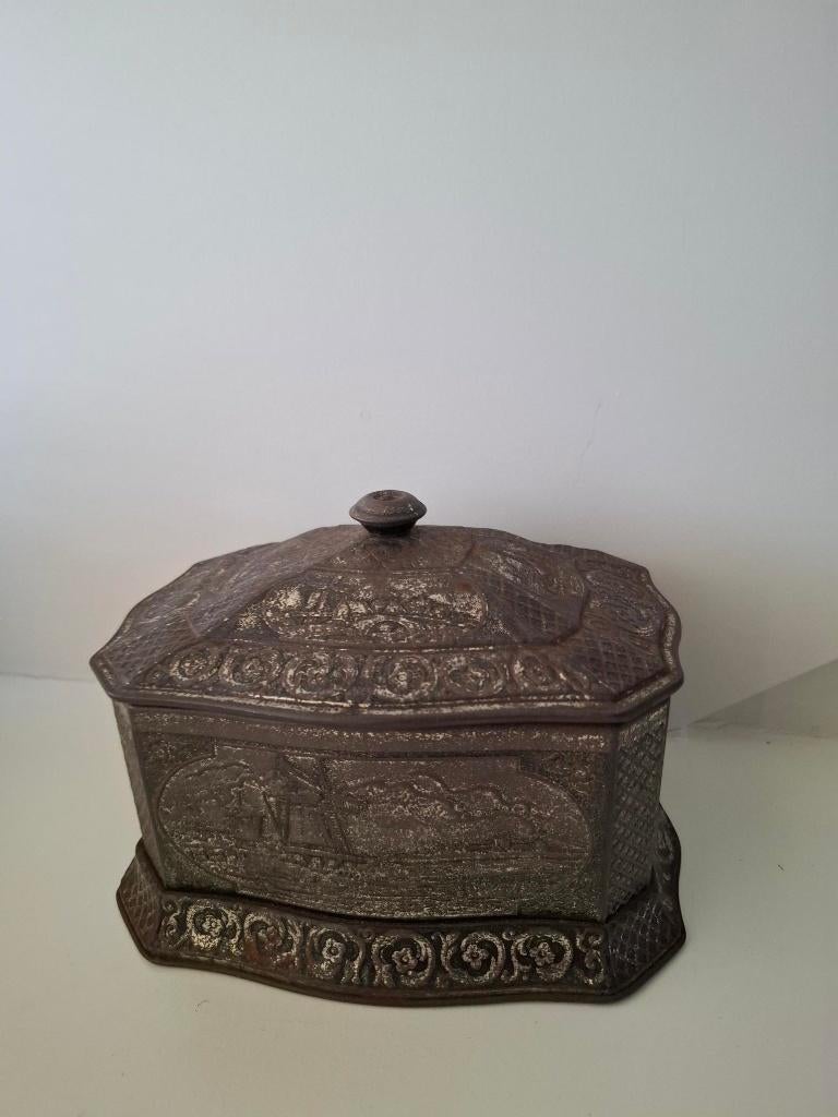 Oud blik met afbeelding schepen en molens, Verzamelen, Ophalen of Verzenden, Gebruikt, Overige