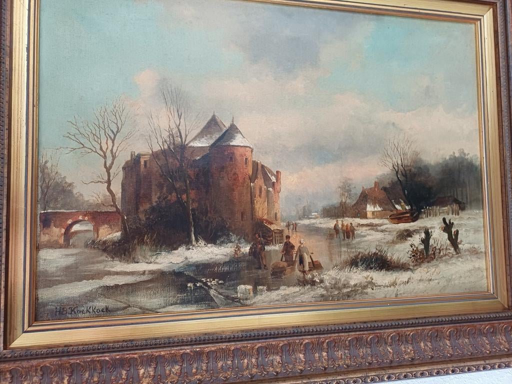 Prachtig wintergezicht gesigneerd HB koekoek, Antiek en Kunst, Ophalen