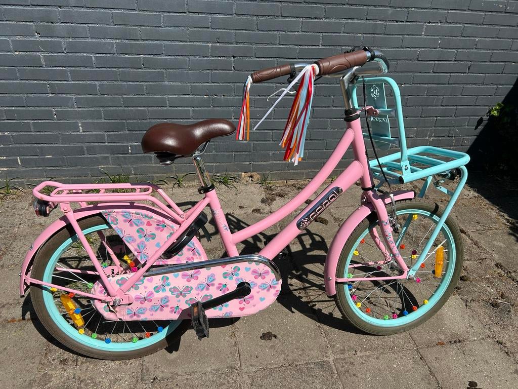 Roze popal kinderfiets met vlinders en voorrek. 20 inch, Fietsen en Brommers, Fietsen | Kinderfietsjes, Ophalen, Nieuw, Terugtraprem