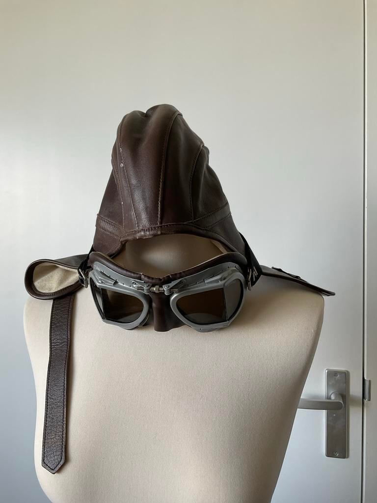 Vintage pilotenmuts met bril, Antiek en Kunst, Antiek | Kleding en Accessoires, Heren, Ophalen of Verzenden