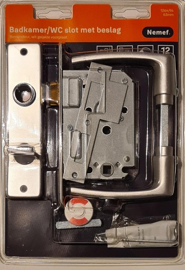 Nemef Badkamer /Wc slot met beslag  1264/94 63mm, Ophalen of Verzenden, Nieuw, Overige materialen, Slot