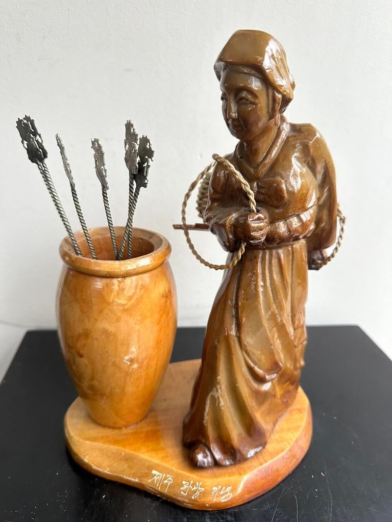 Chinees houtsnijwerk Geisha beeld met pot/vaas 28 cm, Antiek en Kunst, Ophalen of Verzenden