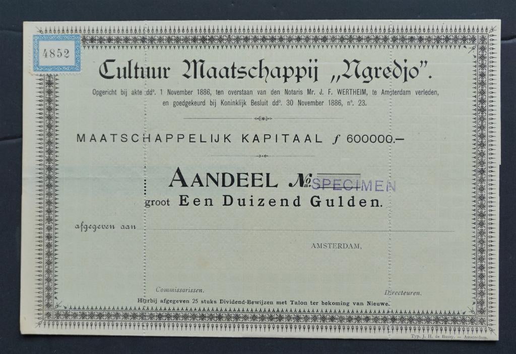 Cultuur Maatschappij Ngredjo (Koffie/Ned.Indie) 1886, Verzenden, Voor 1920, Aandeel
