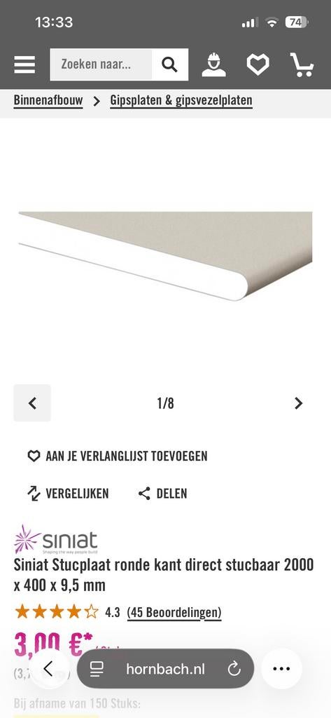 Twee stucplaten van Hornbach, 2000x400x9,5 mm, Ophalen, Nieuw, Overige materialen, Minder dan 20 mm