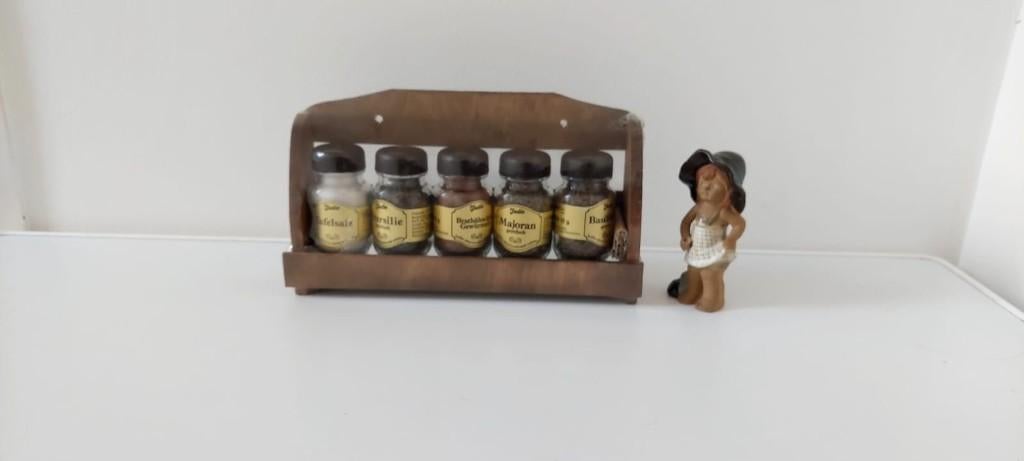 Vintage kruidenrek hout glazen potjes en gouden etiketten, Eu, Eu, Nieuw, Ophalen of Verzenden