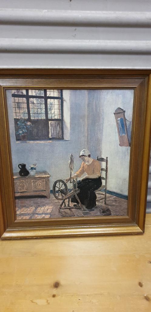 schilderij prent spinnerin,  hugo krings 1878- 1924, Huis en Inrichting, Ophalen of Verzenden, 'T Olde Gre-j, Info@toldegrej.nl