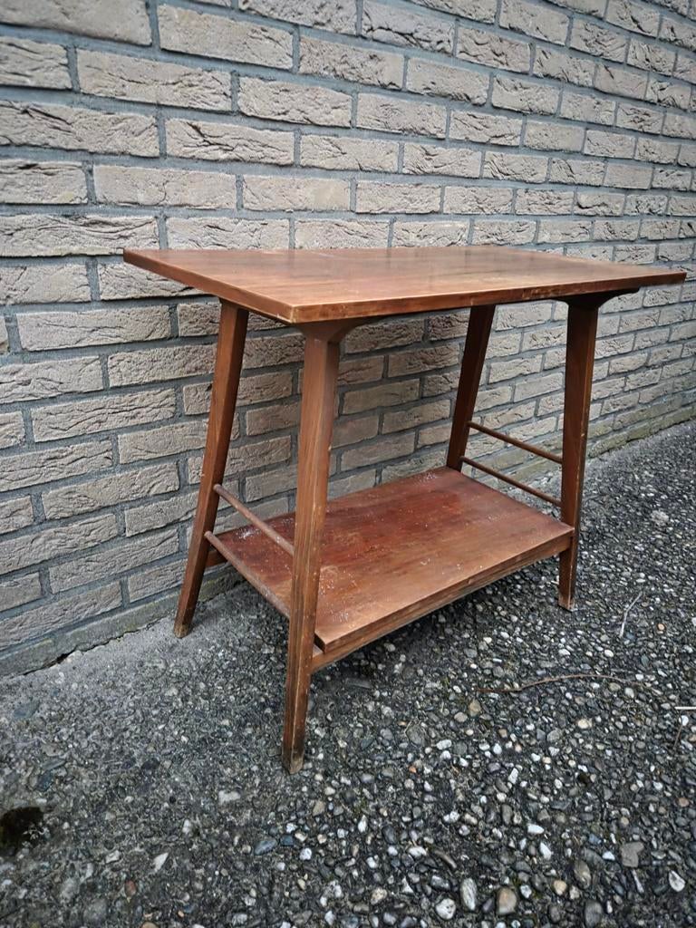 Retro houten bijzettafel met extra plank, Ophalen