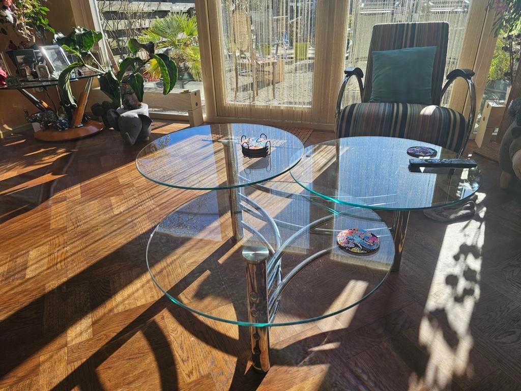 Prachtige glazen salontafel,3onafhakelijk draaiende plateaus, Huis en Inrichting, Tafels | Salontafels, Ophalen, 100 tot 150 cm