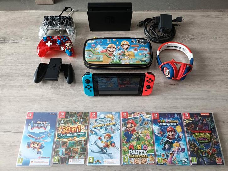 Nintendo Switch met 6 games en accessoires, Spelcomputers en Games, Spelcomputers | Nintendo Switch, Zo goed als nieuw, Switch Original