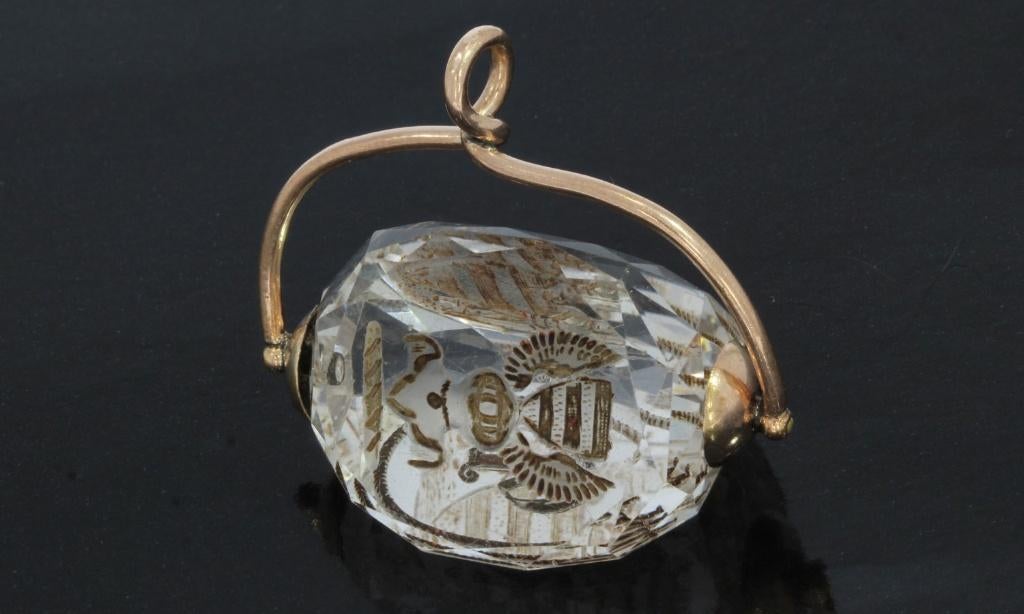Wax zegel intaglio kwarts 14k gouden cachet zakhorloge heer, Verzenden, Goud, Hanger, Met edelsteen
