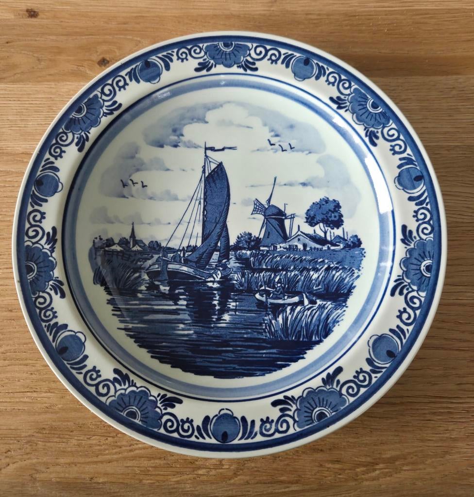 Blauw Delfts wandbord met molen en boot, Ophalen of Verzenden