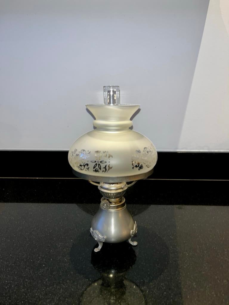 Antieke Nederlandse Petroleumlamp tin & glas Real Pewter 94%, Antiek en Kunst, Antiek | Lampen, Ophalen