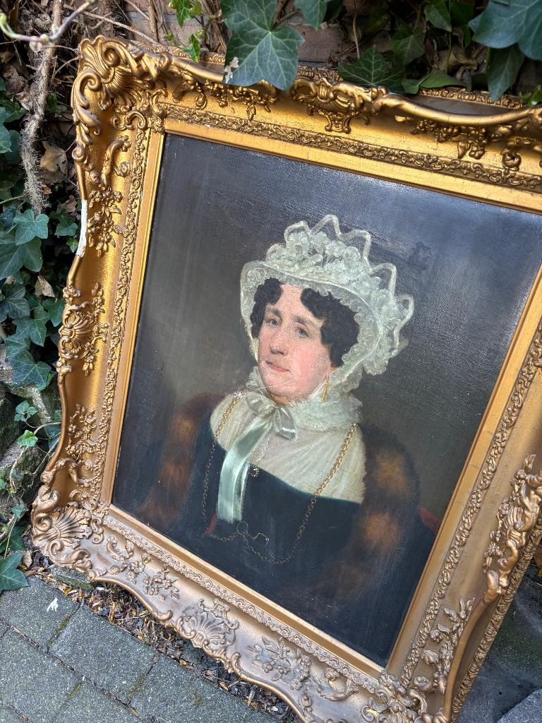 antiek groot dames portret lijst beschadigd schilderij, Antiek en Kunst, Ophalen