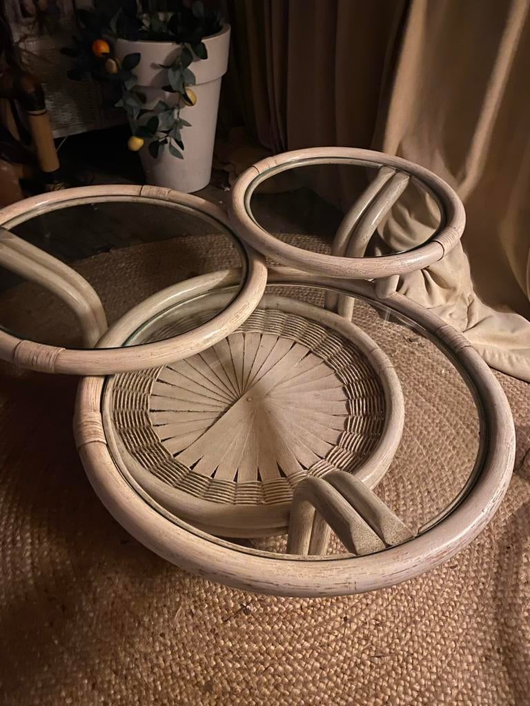Vintage salontafel van bamboe en glas, Ophalen, Gebruikt, Rond, 50 tot 100 cm