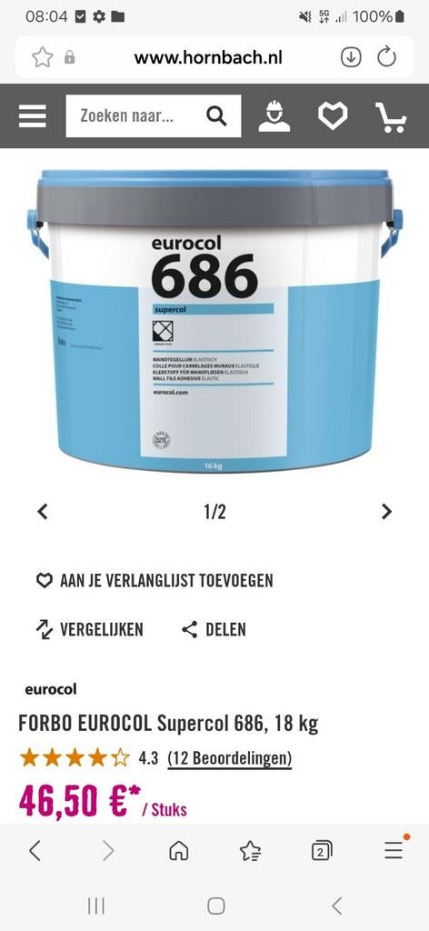 6x Eurocol 686 Supercol Pasta Lijm 18kg - Nieuw, Doe-het-zelf en Verbouw, Tegels, Nieuw, Wandtegels, Overige materialen, Minder dan 20 cm