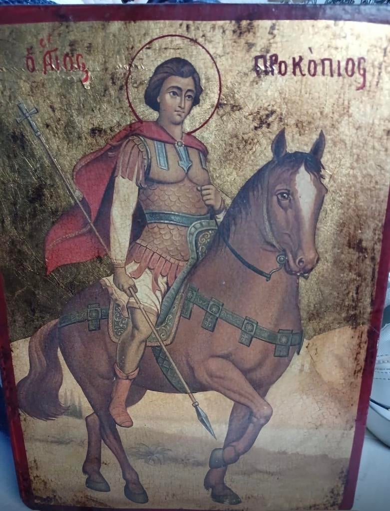 Antieke Griekse Orthodoxe Icoon: Sint Procopius te Paard, Ophalen