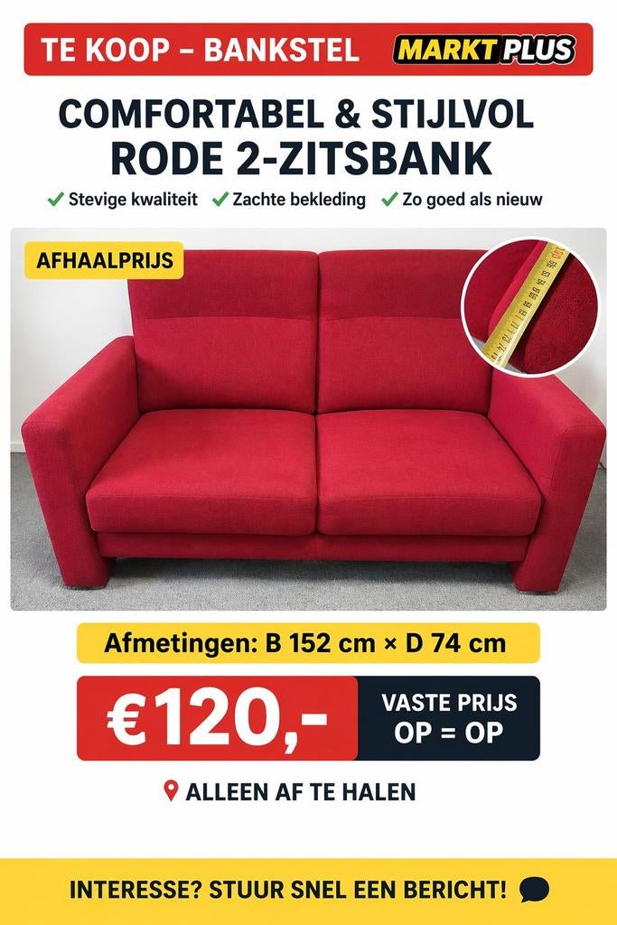 Comfortabele rode 2-zitsbank, Huis en Inrichting, Banken | Bankstellen, Ophalen of Verzenden