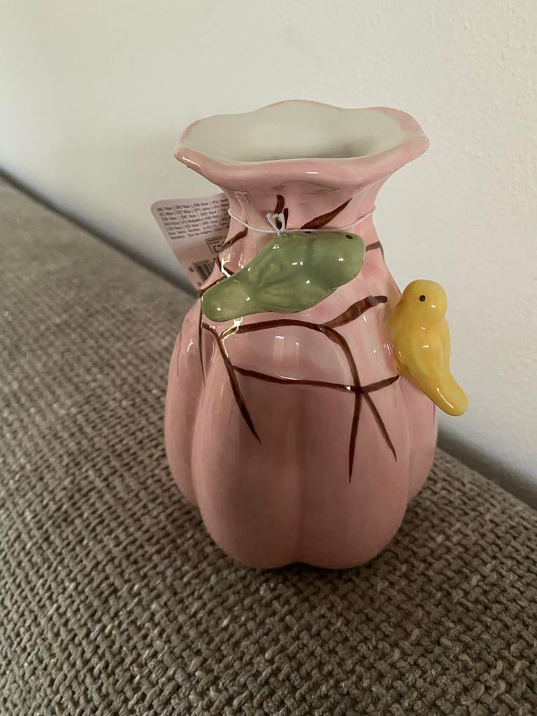 Roze vaasje met vogeltje vogel decoratie vaas 3D pastel, Huis en Inrichting, Overige kleuren, Aardewerk of Porselein, Nieuw, Ophalen of Verzenden