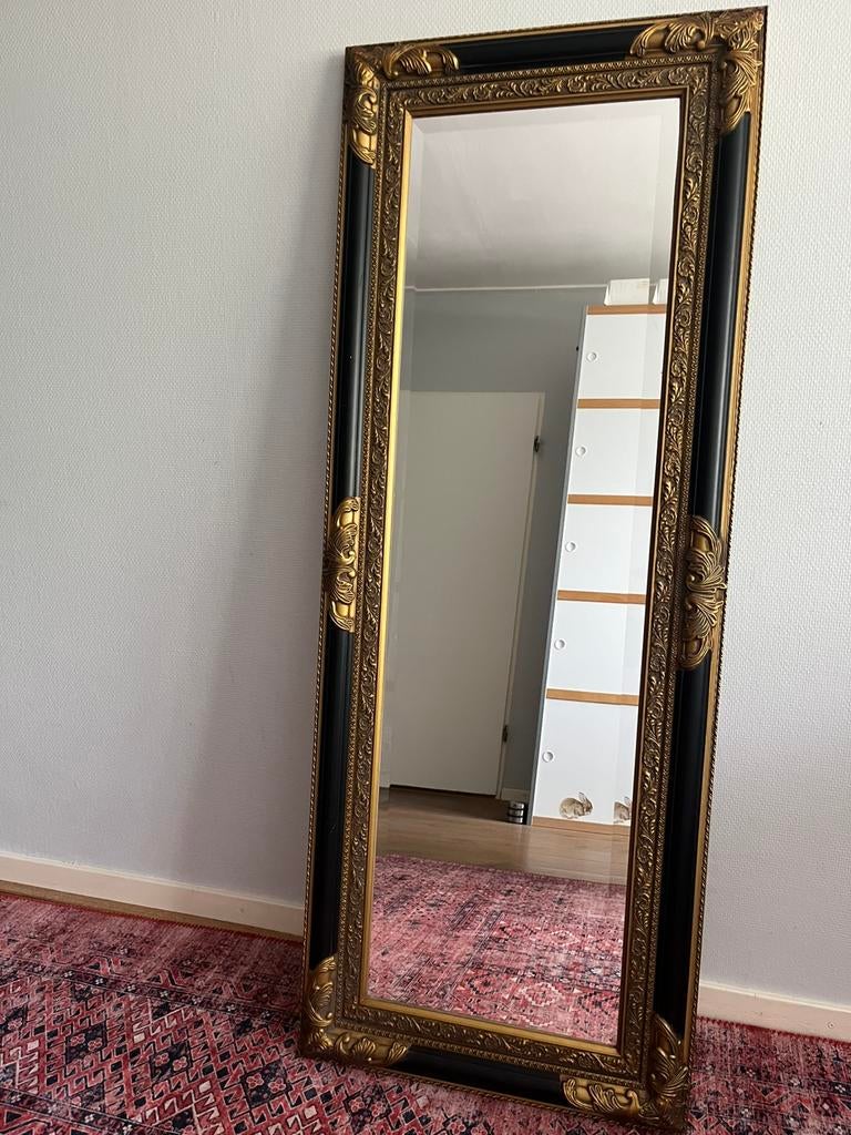 Prachtige barokstijl spiegel met zwart en antiek goud frame, Antiek en Kunst, Ophalen, Rechthoekig