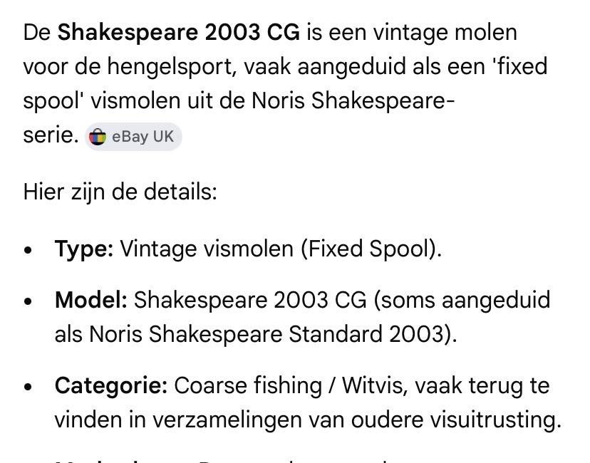Vintage Shakespeare 2003 CG Vismolen - Fixed Spool, Ophalen of Verzenden, Gebruikt, Molen