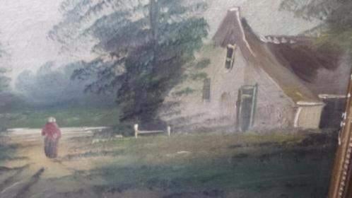 oud olieverf hout schilderij boerderijtje met vrouw Lansing, Ophalen