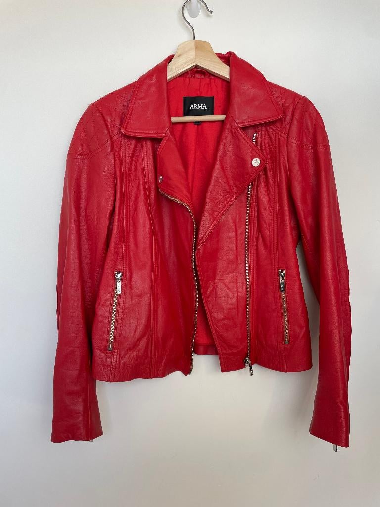 Arma bikerjack maat 36 rood leer asymmetrische rits, Kleding | Dames, Jassen | Zomer, Gedragen, Maat 36 (S), Rood, Ophalen of Verzenden