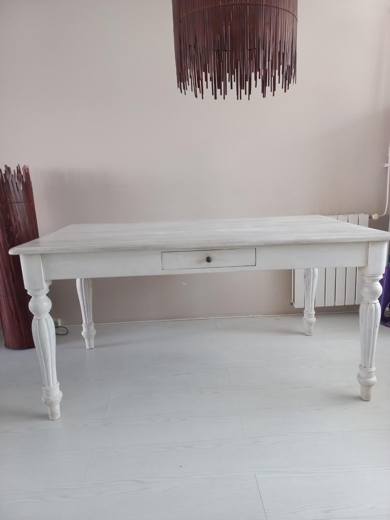 Witte houten eettafel met lade - Landelijke stijl, Huis en Inrichting, Ophalen, 50 tot 100 cm, Zo goed als nieuw, Vier personen