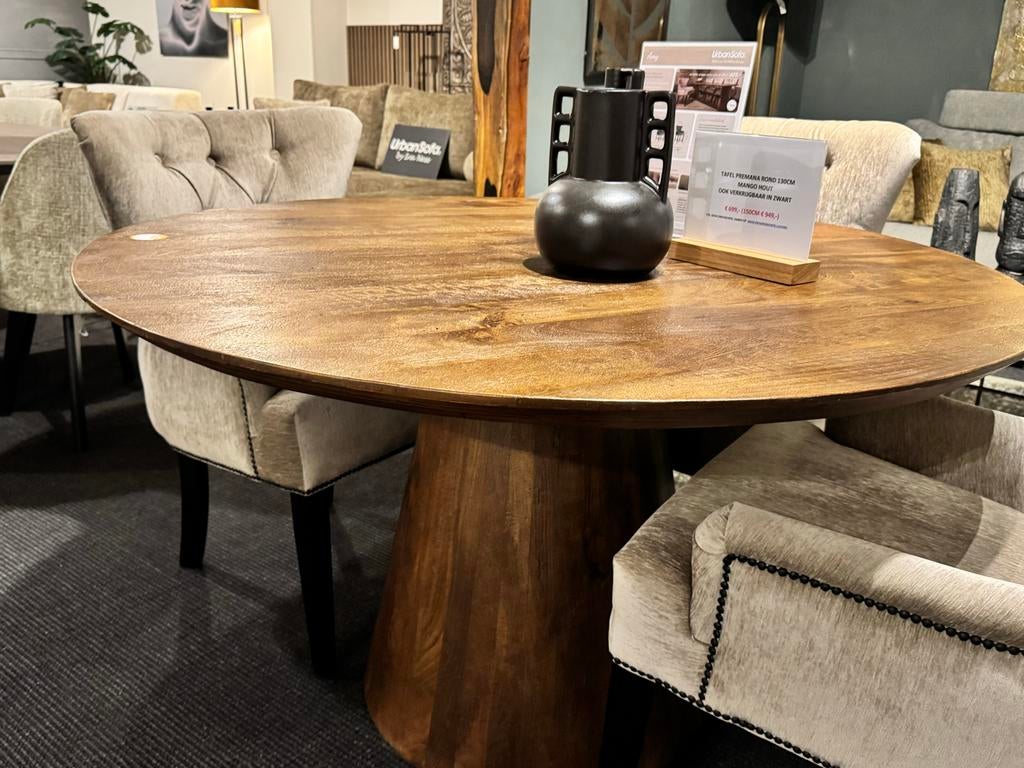 Ronde eettafel mango showroom model 130cm, Huis en Inrichting, Tafels | Eettafels, Ophalen, 100 tot 150 cm, Rond, Zo goed als nieuw