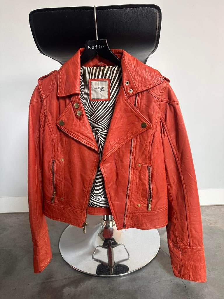ORANJE lederen biker jack, Kleding | Dames, Jassen | Zomer, Ophalen of Verzenden, Zo goed als nieuw, Maat 38/40 (M), Oranje