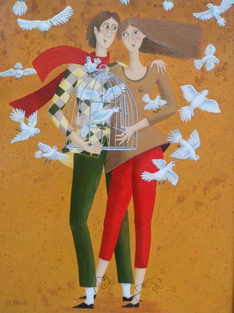 Carole B. Perret.1951.Verliefd stel met duiven.Naïeve kunst., Ophalen
