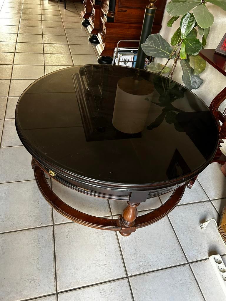 Ronde salontafel met lade en glazen blad, Antiek en Kunst, Ophalen of Verzenden