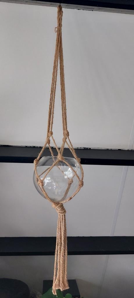 Glazen vaas/pot in touw om op te hangen, Ophalen, Gebruikt, Overige kleuren, Glas