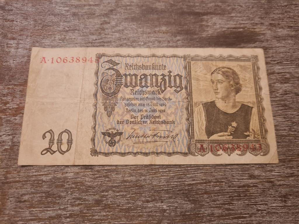 Duits biljet 20 Reichsmark Tweede Wereldoorlog, Verzamelen, Militaria | Tweede Wereldoorlog, Ophalen of Verzenden, Overige soorten