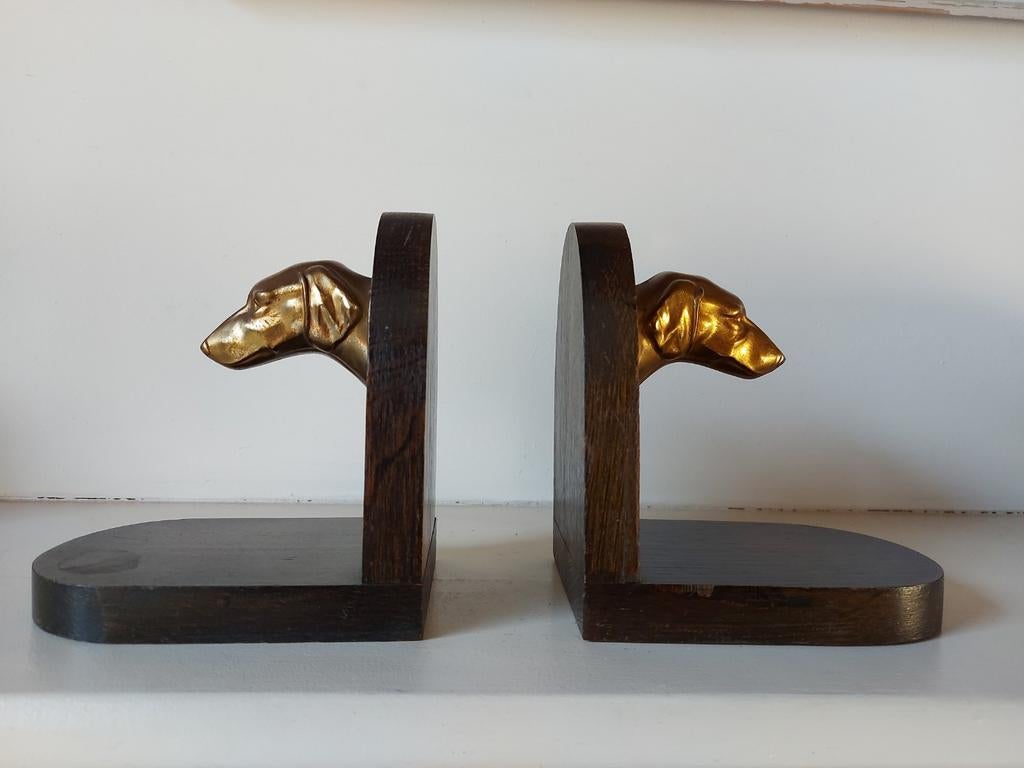 Vintage boekensteunen hout messing jachthonden windhonden, Ophalen of Verzenden