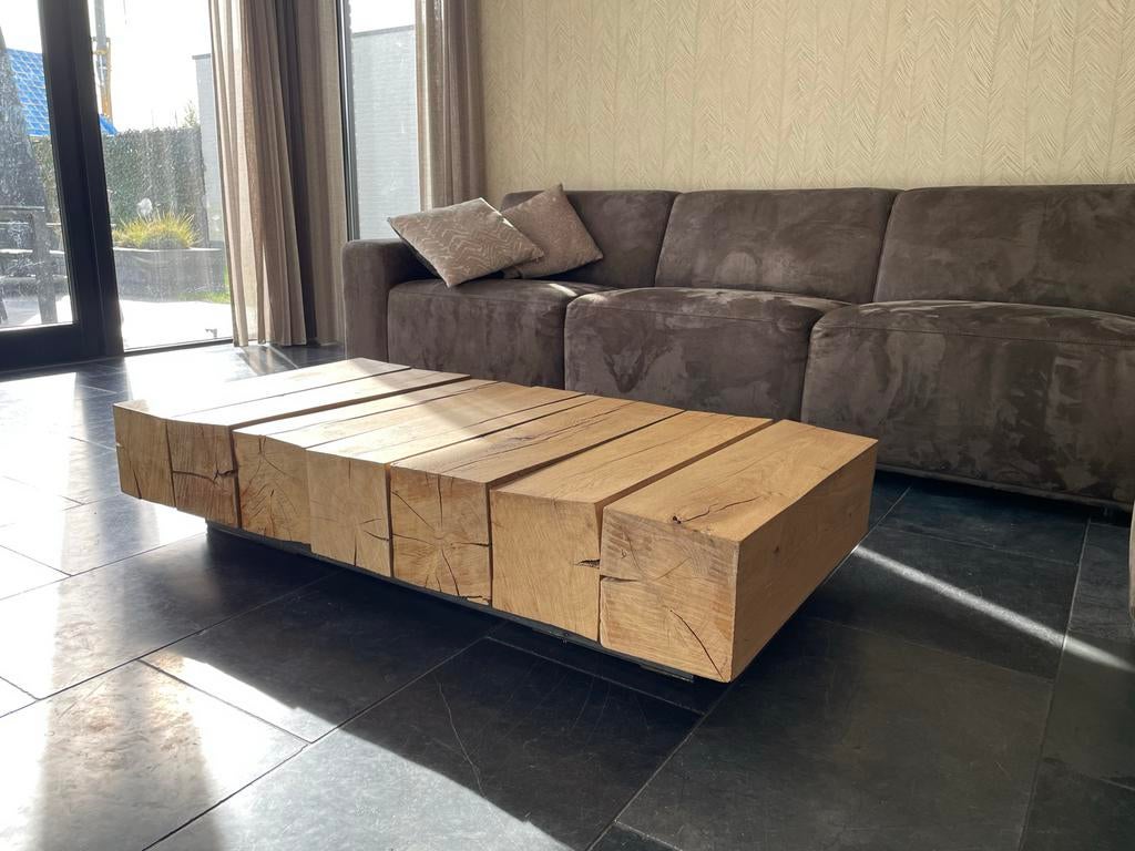 Massief eikenhouten salontafel 140x70, Ophalen, Gebruikt, 100 tot 150 cm, Eikenhout