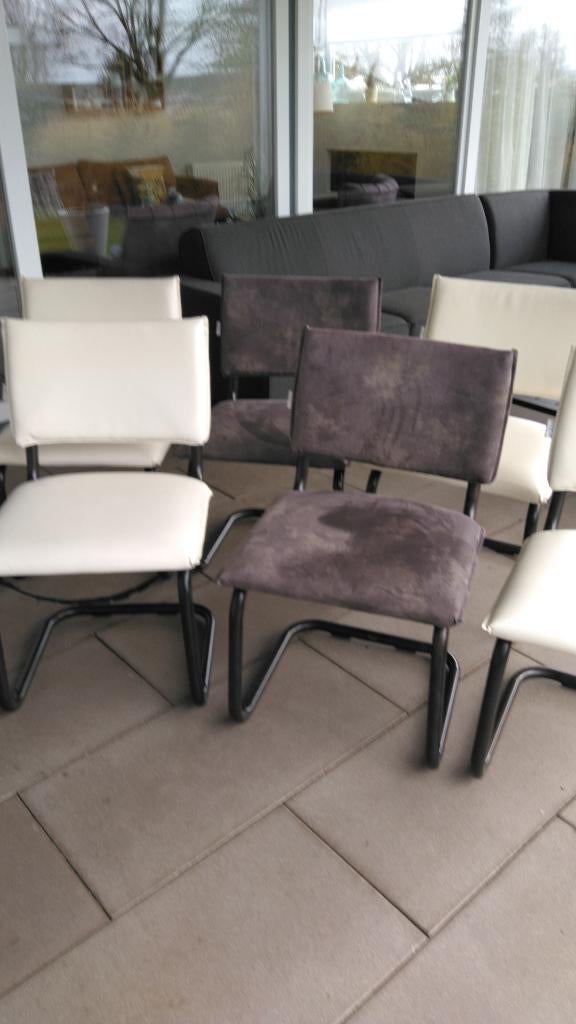 6 stoelen met metalen frame, Huis en Inrichting, Stoelen, Ophalen, Gebruikt, Stof, Grijs