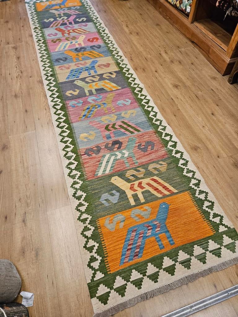 Handgeweven oosterse wollen kelim loper 385x84, Info@SlatsAntiek.nl, Crème, Vof Slats Antiek, Kelim