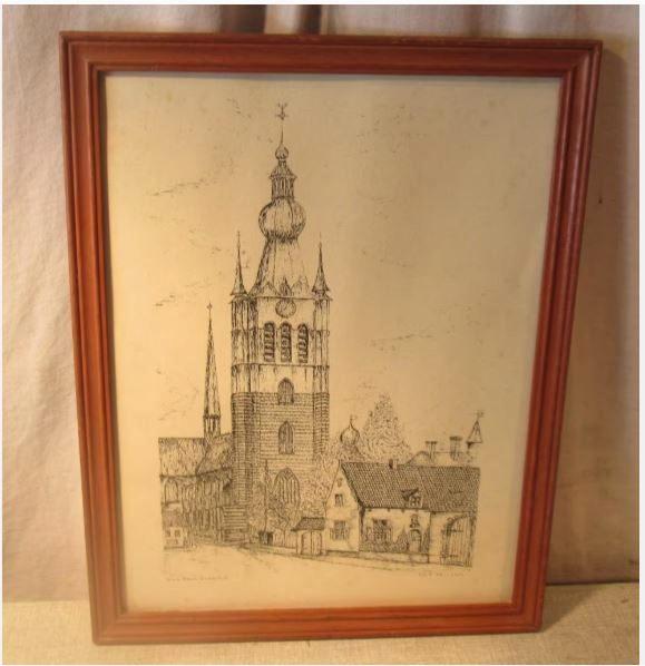 Mooi Oude Pentekening 'Kerk Aarschot' - J Jaes, Antiek en Kunst, Kunst | Tekeningen en Foto's, Ophalen of Verzenden