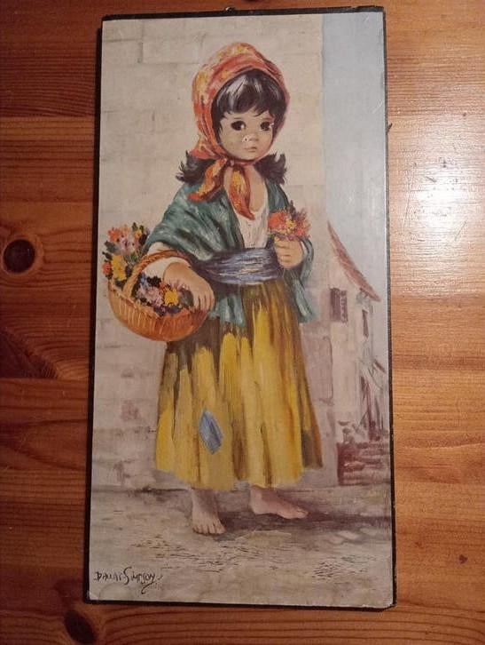 Vintage schilderijtje meisje met bloemenmand, Antiek en Kunst, Kunst | Schilderijen | Klassiek, Ophalen of Verzenden