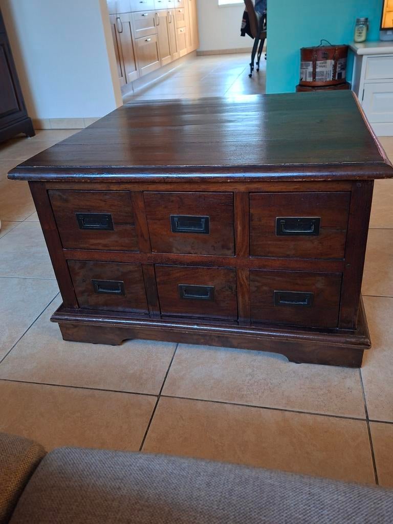 Koloniale Teakhouten Salontafel met 6 Laden - 90x90 cm, Ophalen, Gebruikt, 50 tot 100 cm, Koloniaal