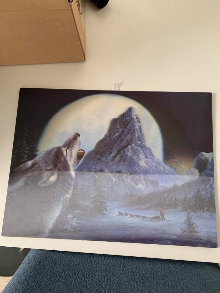 Schilderij: Wolf en Besneeuwde Bergen, Antiek en Kunst, Kunst | Schilderijen | Klassiek, Ophalen of Verzenden