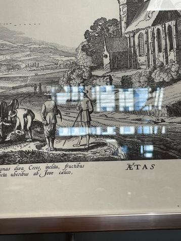 Oude gravure met landschap en figuren beschikbaar voor biedingen