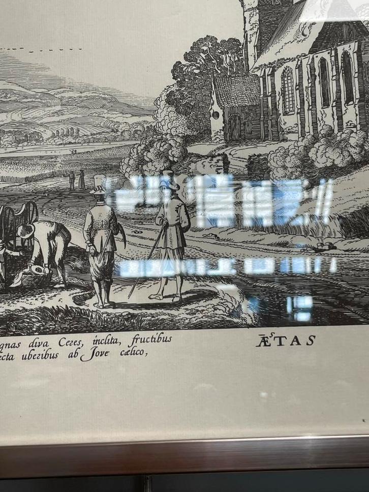 Oude gravure met landschap en figuren, Antiek en Kunst, Kunst | Etsen en Gravures, Ophalen of Verzenden