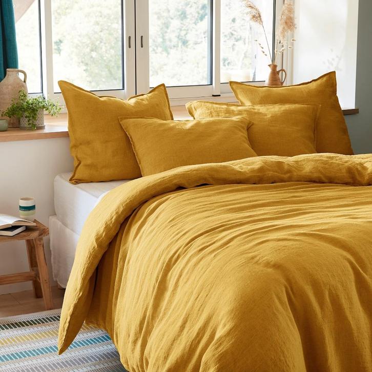 100% linnen dekbedovertrek 240x220 met slopen Yellow, Huis en Inrichting, Slaapkamer | Beddengoed, Nieuw, Dekbedovertrek, Tweepersoons