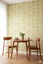 6785 Vintage behang olijsgroen barok dessin fris licht swiet, Ophalen of Verzenden, 50 tot 75 m²