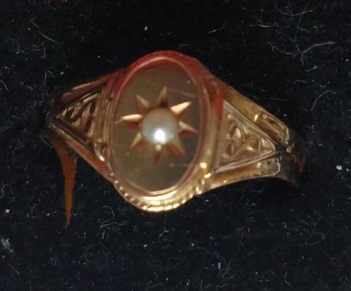 Antieke 14 K  gouden rouw ring met doosje en gezet met parel, Sieraden, Tassen en Uiterlijk, Antieke sieraden, Ring, Goud, Met edelsteen