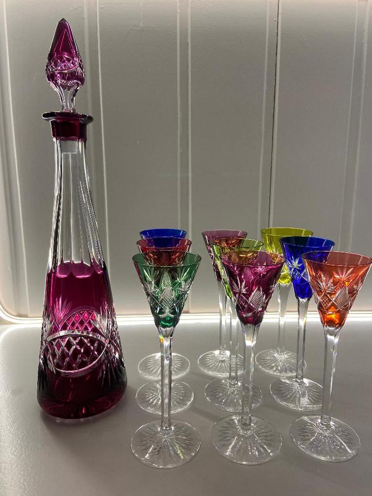 Prachtige likeurset (karaf + 9 glazen) Val Saint Lambert, Antiek en Kunst, Antiek | Glas en Kristal, Ophalen of Verzenden