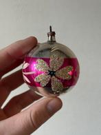 Vintage Glazen Roze Glitter Gesuikerde Kerstbal Rond, Ophalen of Verzenden, Gebruikt