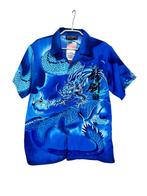 Vintage Blouse Mt 16 (M) Blauw Draken Print Aziatisch Thema, Vintage, Halswijdte 39/40 (M), Zo goed als nieuw, V